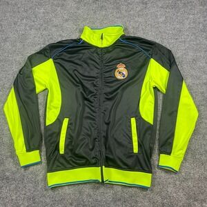 Real Madrid Football Training Jacket Mens Large Black Fleece Lined Logo Full Zip